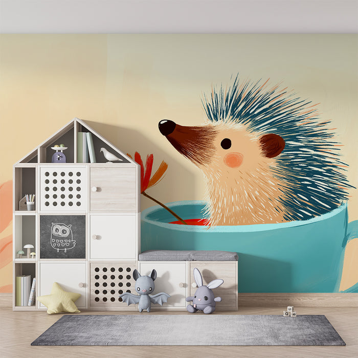 Børneværelse tapet | Sød pindsvin i en kop med en farverig blomst