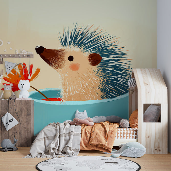 Børneværelse tapet | Sød pindsvin i en kop med en farverig blomst