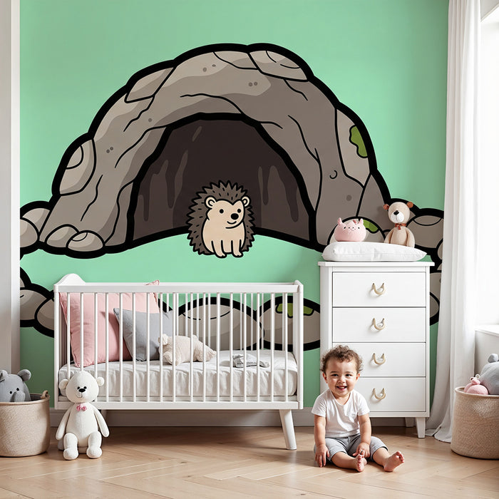 Babyzimmer Tapete | Niedlicher Igel vor seiner Steinhöhle