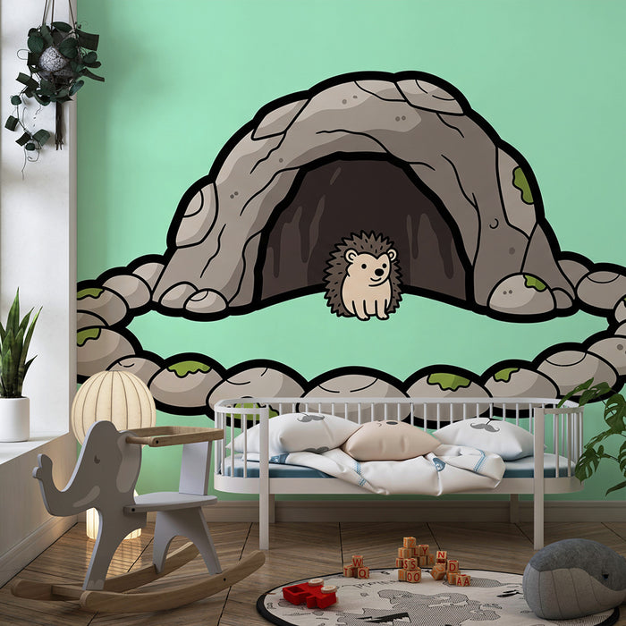 Babyzimmer Tapete | Niedlicher Igel vor seiner Steinhöhle