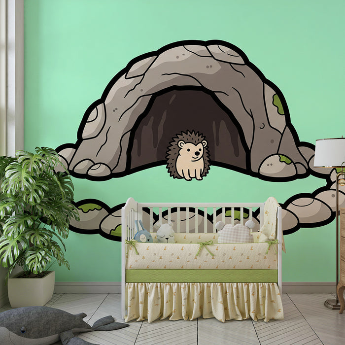 Babyzimmer Tapete | Niedlicher Igel vor seiner Steinhöhle