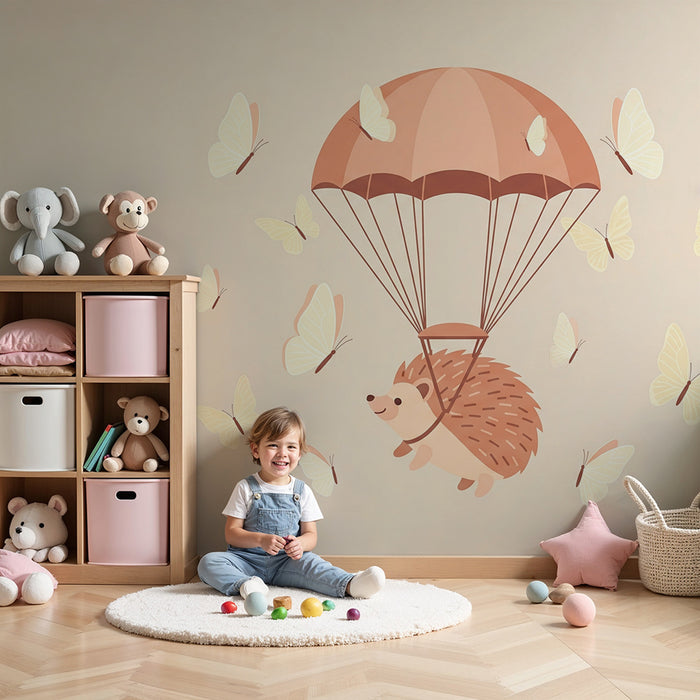Papier peint chambre bébé | Hérisson mignon en parachute avec des papillons