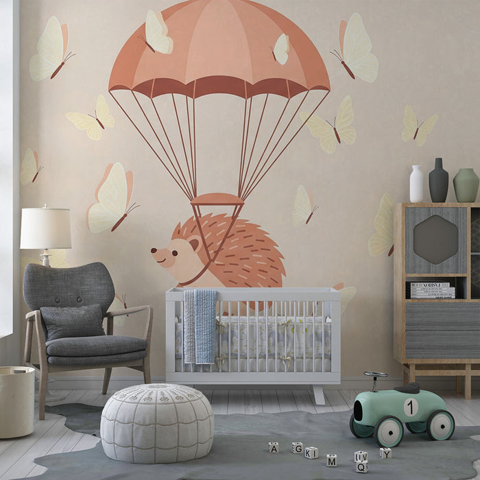 Papier peint chambre bébé | Hérisson mignon en parachute avec des papillons
