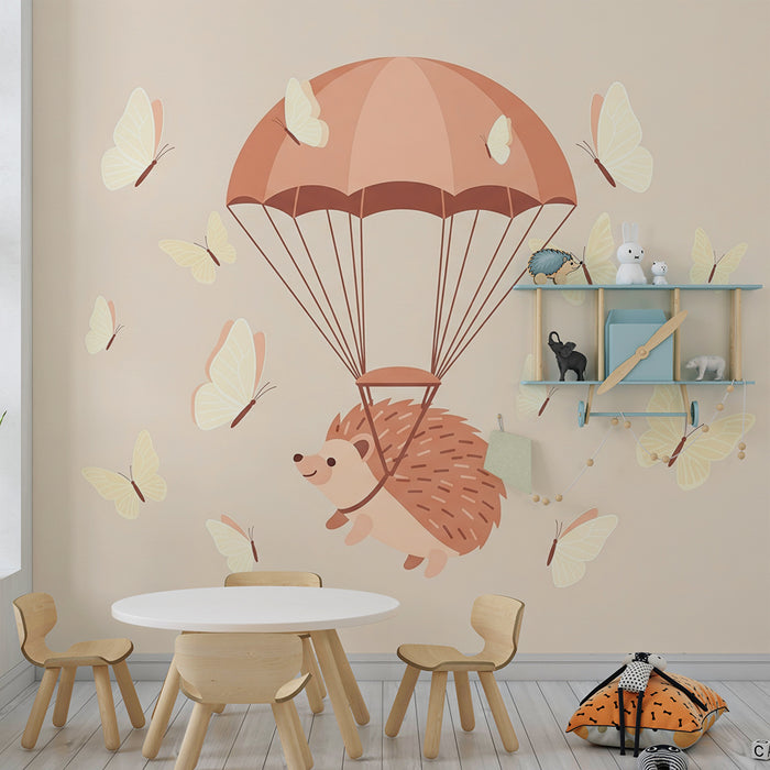 Papier peint chambre bébé | Hérisson mignon en parachute avec des papillons