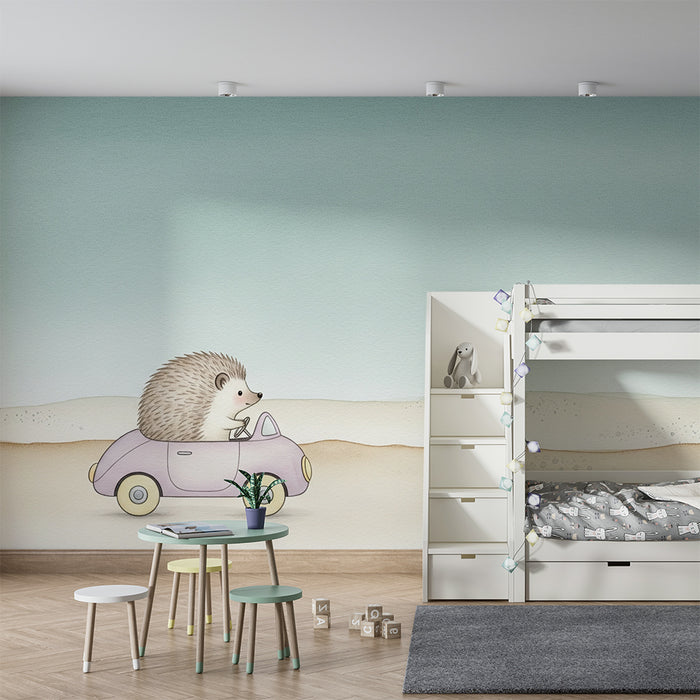 Papel de parede quarto bebê | Ouriço bonito no carro