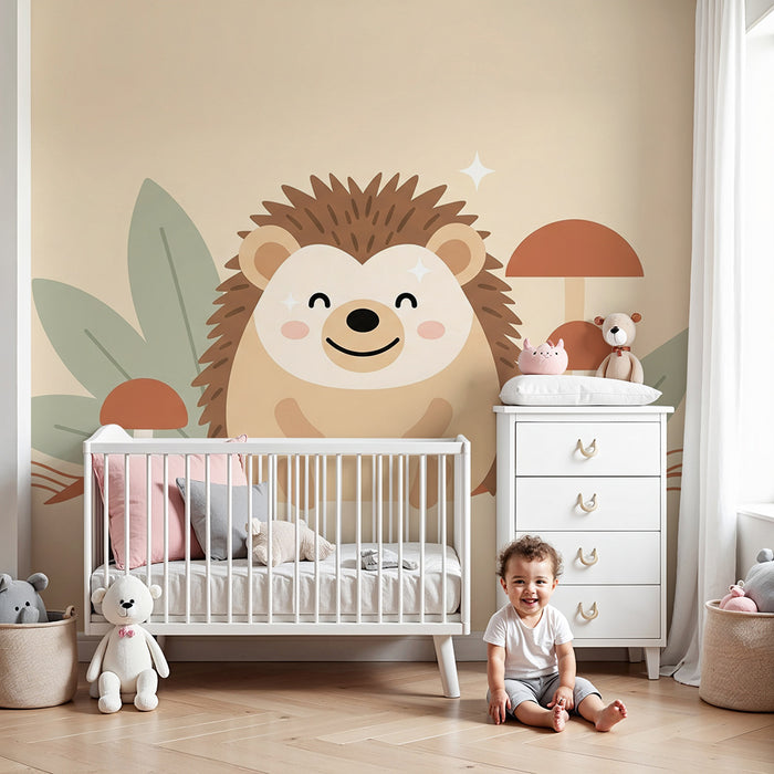 Nursery room wallpaper | Cute hedgehog surrounded by mushrooms and leaves