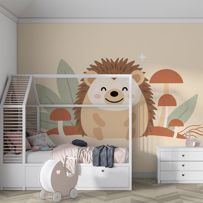 Nursery room wallpaper | Cute hedgehog surrounded by mushrooms and leaves