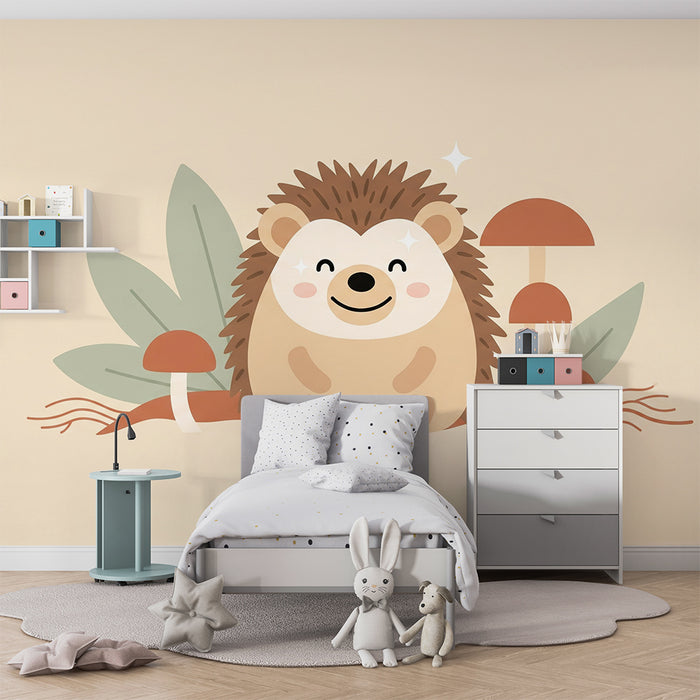 Nursery room wallpaper | Cute hedgehog surrounded by mushrooms and leaves