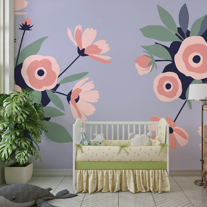 Lastenhuoneen tapetti | Söpö siili ympäröi herkkiä kukkia vaaleanpunaisella taustalla