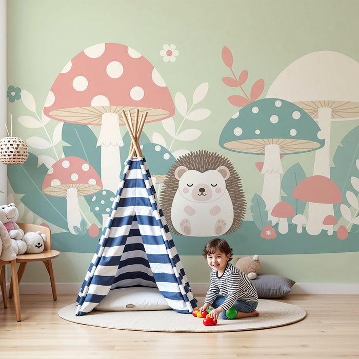 Babykamer behang | Schattige egel en kleurrijke paddenstoelen in een betoverde tuin