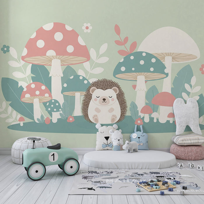 Babykamer behang | Schattige egel en kleurrijke paddenstoelen in een betoverde tuin