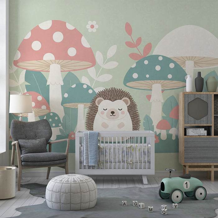 Babykamer behang | Schattige egel en kleurrijke paddenstoelen in een betoverde tuin