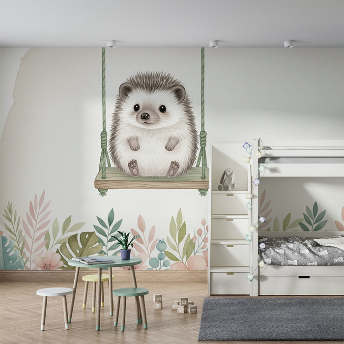 Papel de parede quarto bebê | Ouriço fofo e flores delicadas