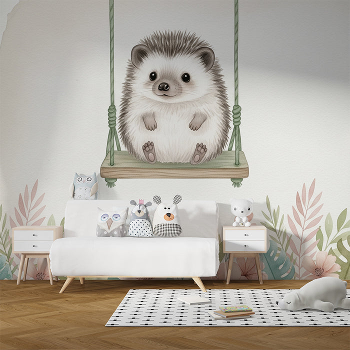 Papel de parede quarto bebê | Ouriço fofo e flores delicadas