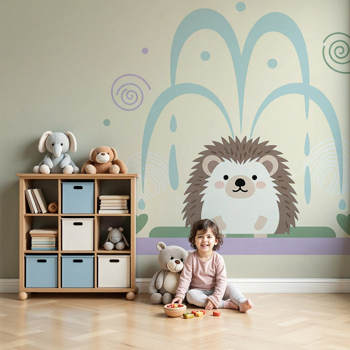 Papier peint chambre bébé | Hérisson mignon et fontaine