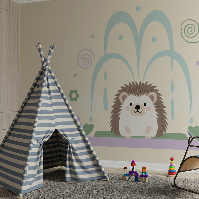Papier peint chambre bébé | Hérisson mignon et fontaine