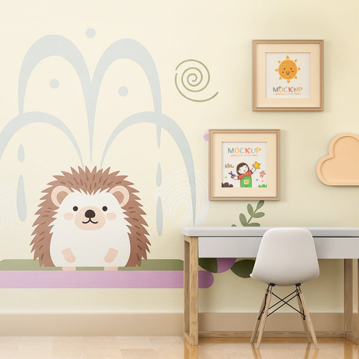 Papier peint chambre bébé | Hérisson mignon et fontaine