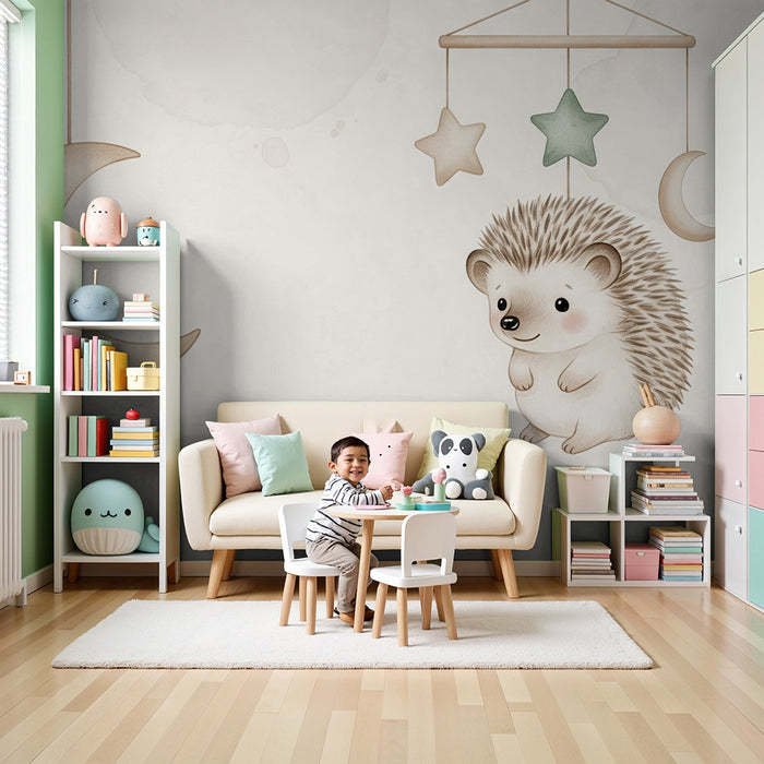 Tapeta dětského pokoje | Roztomilý ježek a hvězdný mobil