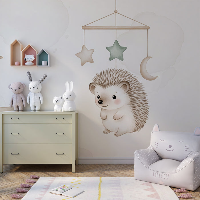 Tapeta dětského pokoje | Roztomilý ježek a hvězdný mobil