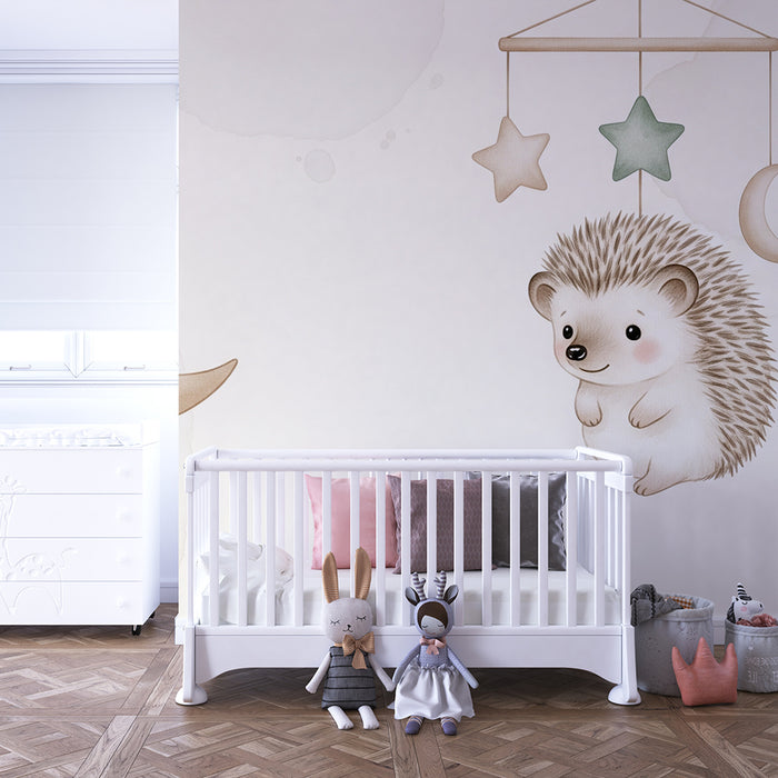 Tapeta dětského pokoje | Roztomilý ježek a hvězdný mobil