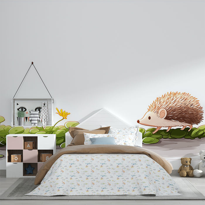 Nursery room wallpaper | Cute hedgehog exploring a path of greenery