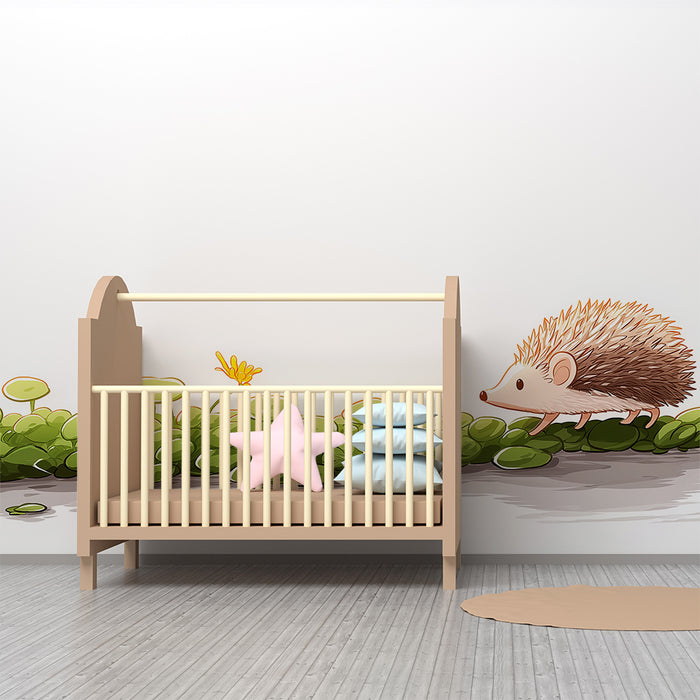 Nursery room wallpaper | Cute hedgehog exploring a path of greenery