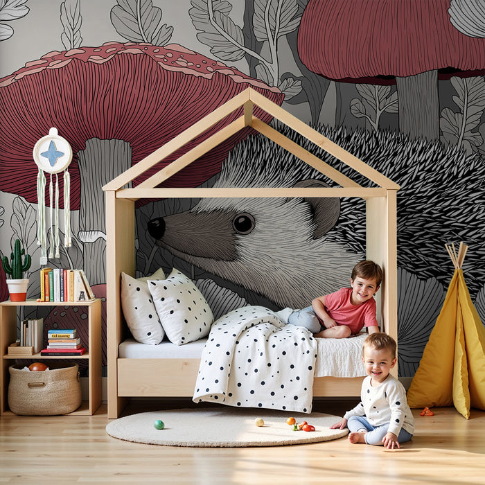 Børneværelse tapet | Sød pindsvin blandt farverige svampe og delikate blade