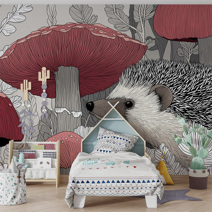 Børneværelse tapet | Sød pindsvin blandt farverige svampe og delikate blade