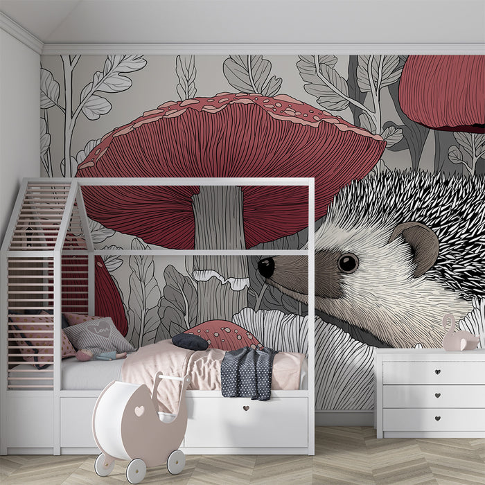 Børneværelse tapet | Sød pindsvin blandt farverige svampe og delikate blade