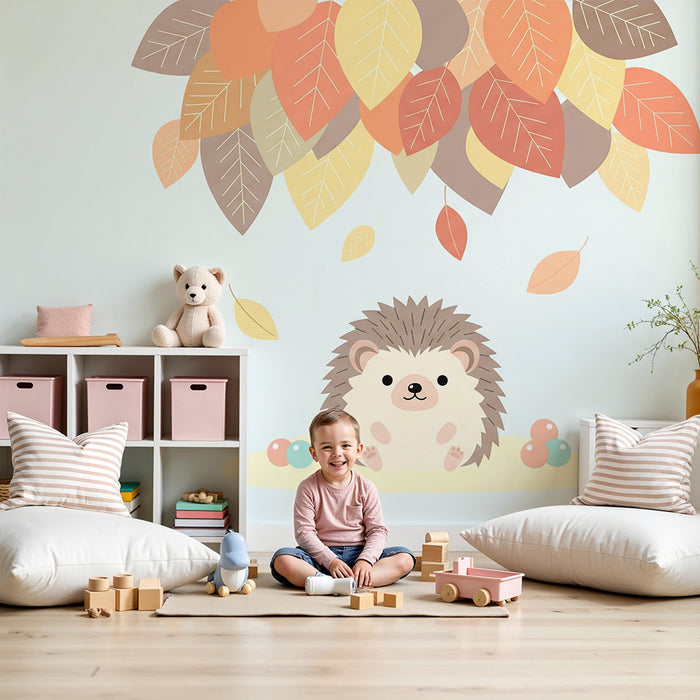 Lastenhuoneen tapetti | Söpö siili puun alla syksyn lehtien keskellä