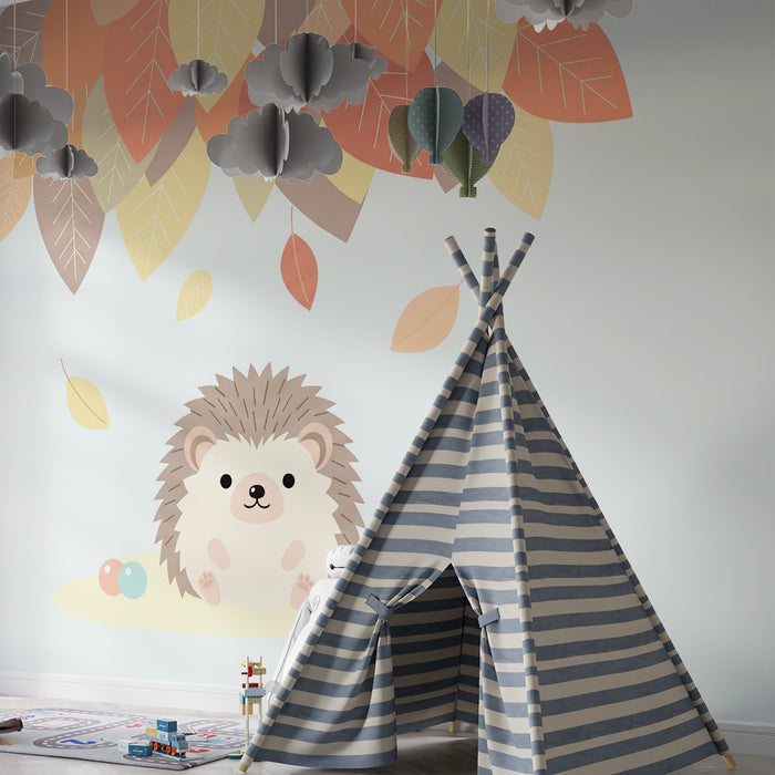 Lastenhuoneen tapetti | Söpö siili puun alla syksyn lehtien keskellä