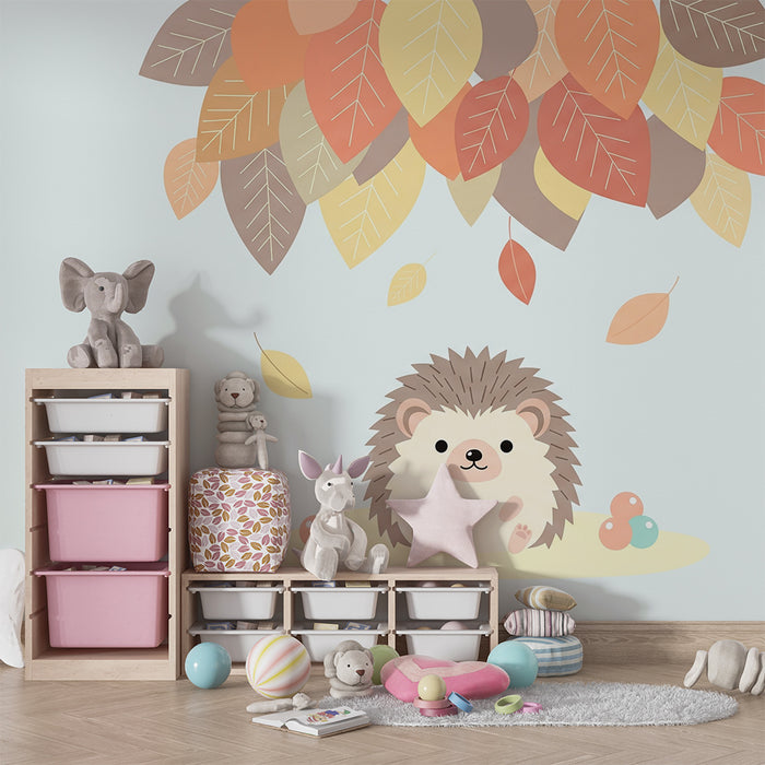 Lastenhuoneen tapetti | Söpö siili puun alla syksyn lehtien keskellä