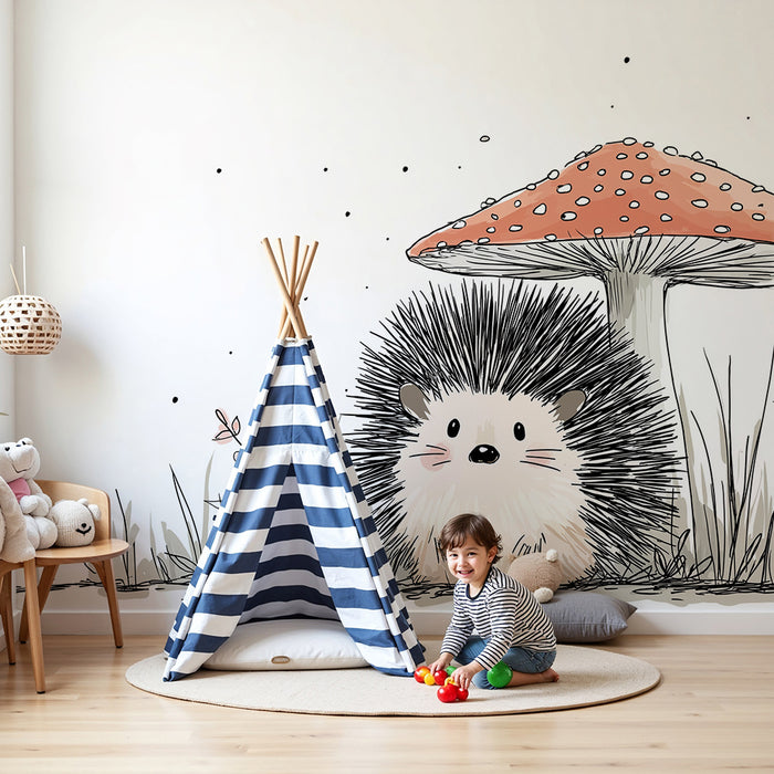 Nursery room wallpaper | Cute hedgehog under a colorful mushroom