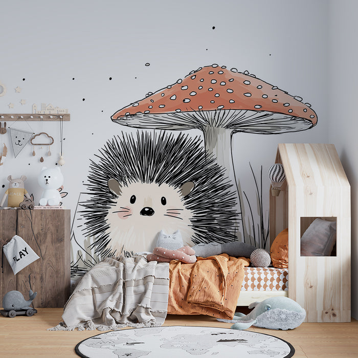 Nursery room wallpaper | Cute hedgehog under a colorful mushroom