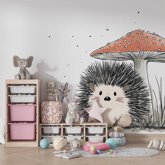 Nursery room wallpaper | Cute hedgehog under a colorful mushroom