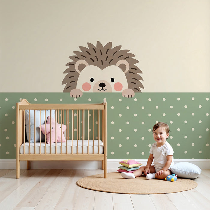 Papier peint chambre bébé | Hérisson mignon sur fond à pois verts