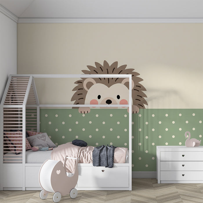 Papier peint chambre bébé | Hérisson mignon sur fond à pois verts