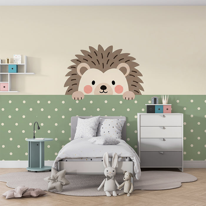 Papier peint chambre bébé | Hérisson mignon sur fond à pois verts