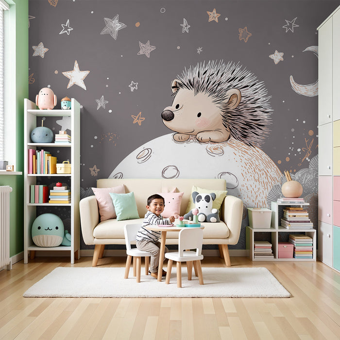 Papel de parede quarto bebê | Ouriço bonito na lua com estrelas e nuvens