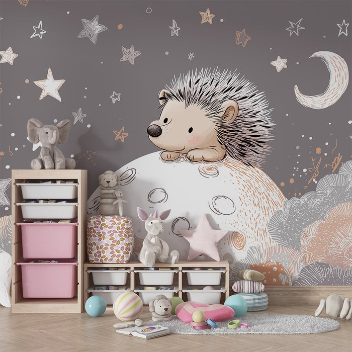 Papel de parede quarto bebê | Ouriço bonito na lua com estrelas e nuvens