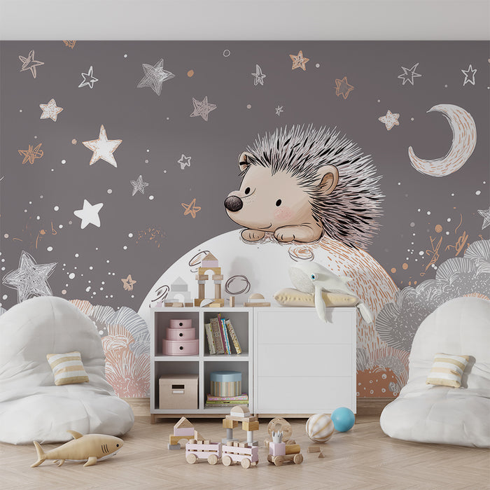 Papel de parede quarto bebê | Ouriço bonito na lua com estrelas e nuvens
