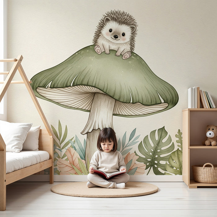 Babykamer behang | Schattige egel op een paddenstoel