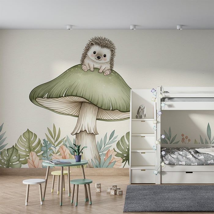 Babykamer behang | Schattige egel op een paddenstoel