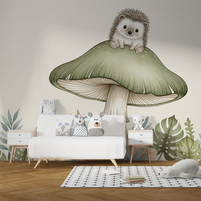 Babykamer behang | Schattige egel op een paddenstoel