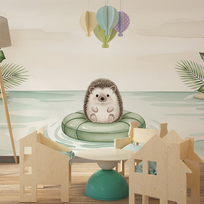 Papel de parede quarto bebê | Simpático ouriço em um boia