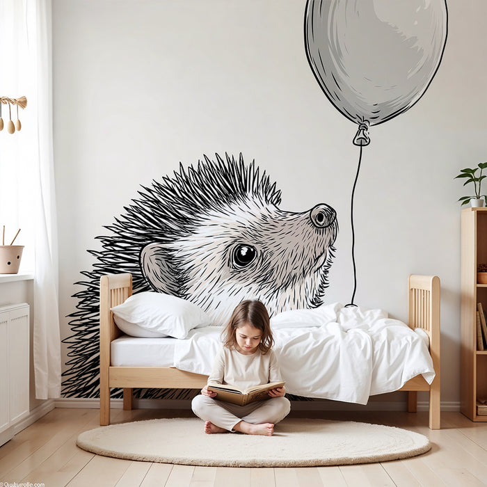 Nursery room wallpaper | Cute hedgehog holding a balloon in a soft setting