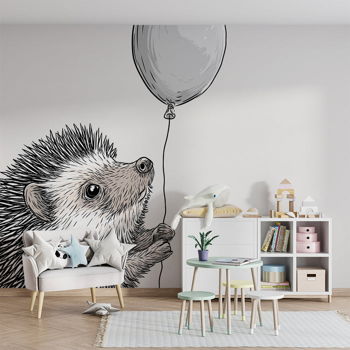 Nursery room wallpaper | Cute hedgehog holding a balloon in a soft setting