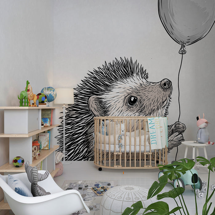 Nursery room wallpaper | Cute hedgehog holding a balloon in a soft setting