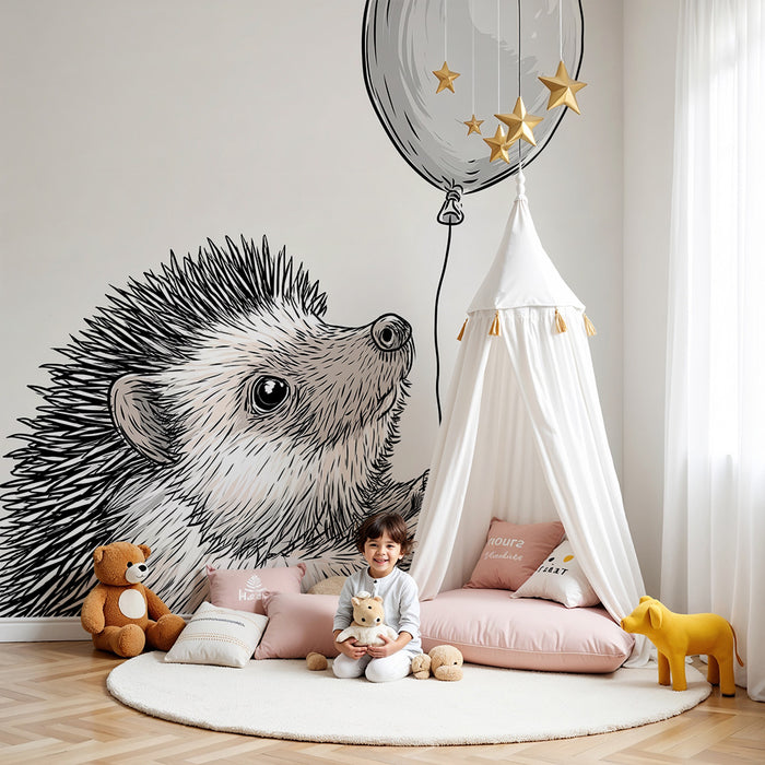 Papel de parede quarto bebê | Bonito ouriço segurando um balão em um fundo suave