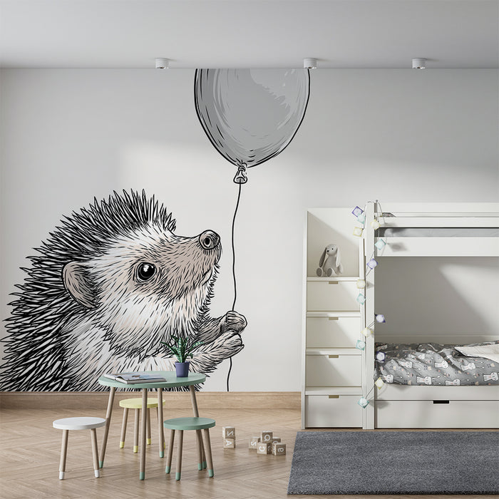 Papel de parede quarto bebê | Bonito ouriço segurando um balão em um fundo suave